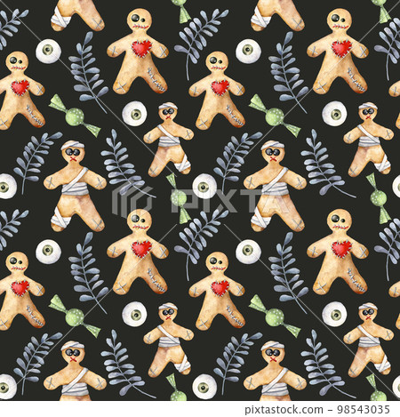 Watercolor halloween seamless pattern with candy and cookie. Hand painted template with gingerbread monsters and eyes isolated on black background. Holiday illustration for design, print, background. 98543035