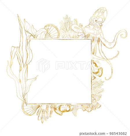Watercolor underwater frame. Hand painted golden octopus, laminaria, shell and coral reef plants isolated on white background. Line art illustration for design, print. Nautical square template. Watercolor underwater frame. Hand painted golden octopus, laminaria, shell and coral reef plants isolated on white background. Line art illustration for design, print. Nautical square template. 98543082