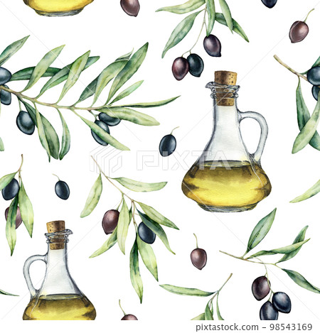 Watercolor olives and bottle seamless pattern. Hand painted botanical illustration with tree branch and black olives isolated on white background. For design, print, fabric or background. Watercolor olives and bottle seamless pattern. Hand painted botanical illustration with tree branch and black olives isolated on white background. For design, print, fabric or background. 98543169