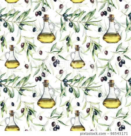 Watercolor olives seamless pattern. Hand painted botanical illustration with tree branch, black olives and bottle isolated on white background. For design, print, fabric or background. Watercolor olives seamless pattern. Hand painted botanical illustration with tree branch, black olives and bottle isolated on white background. For design, print, fabric or background. 98543171