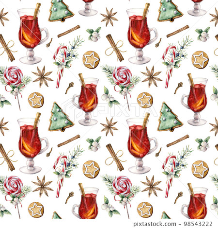 Watercolor pastry seamless pattern. Hand painted mulled wine, lollipop, cookies, spice, juniper and snowberry isolated on white background. Christmas ilustration for design, print, fabric, background. 98543222