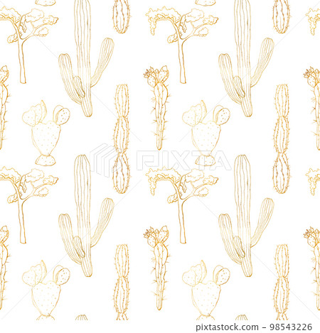 Golden sketch seamless pattern with mexican cacti. Hand painted floral collection: desert cactus and tree. Botanical illustration isolated on white background for design, print, fabric or background. Golden sketch seamless pattern with mexican cacti. Hand painted floral collection: desert cactus and tree. Botanical illustration isolated on white background for design, print, fabric or background. 98543226