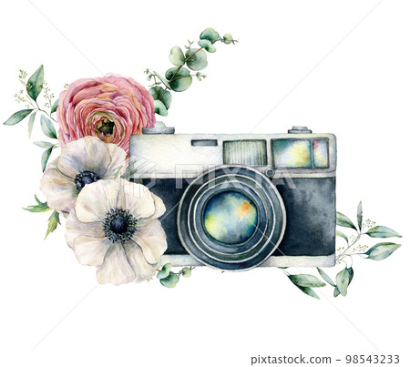 Watercolor card composition with camera and anemone, ranunculus bouquet. Hand painted photographer logo with flower illustration isolated on white background. For design, prints or background. Watercolor card composition with camera and anemone, ranunculus bouquet. Hand painted photographer logo with flower illustration isolated on white background. For design, prints or background. 98543233