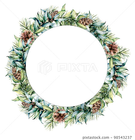 Watercolor circle template with pine cone and eucalyptus leaves. Hand painted fir and eucalyptus branches isolated on white background. Christmas floral illustration for print, design or background. Watercolor circle template with pine cone and eucalyptus leaves. Hand painted fir and eucalyptus branches isolated on white background. Christmas floral illustration for print, design or background. 98543237