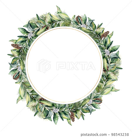 Watercolor circle template with pine cone. Hand painted fir and eucalyptus leaves and branches isolated on white background. Christmas floral illustration for print, design or background. Watercolor circle template with pine cone. Hand painted fir and eucalyptus leaves and branches isolated on white background. Christmas floral illustration for print, design or background. 98543238