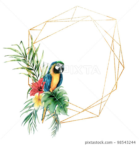 Watercolor polygonal gold frame with parrot and bouquet with flowers. Hand drawn plumeria and hibiscus. Floral label isolated on white background. Botanical illustration. Greeting template for design. 98543244
