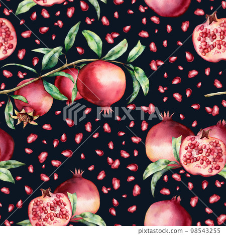 Watercolor pomegranate and leaves seamless pattern. Hand painted garnet fruit slice, berries and branch isolated on black background. Floral illustration for design, print, fabric or background. 98543255