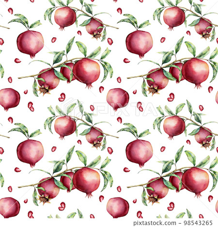 Watercolor pomegranate seamless pattern. Hand painted garnet fruit, berries, branch, leaves isolated on white background. Floral elegant illustration for design, print, fabric or background. 98543265