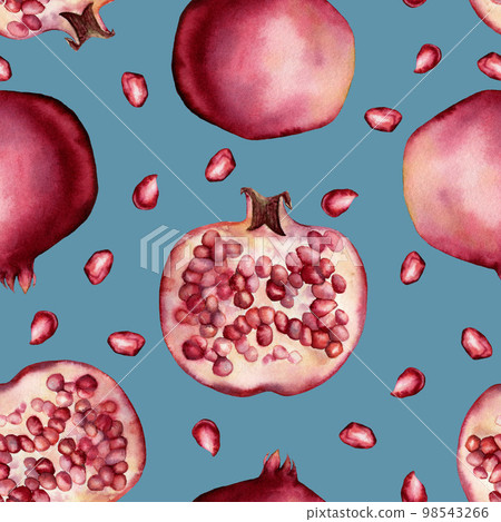 Watercolor garnet fruit seamless pattern. Hand painted pomegranate, berries and slice isolated on pastel blue background. Floral elegant illustration for design, print, fabric or background. Watercolor garnet fruit seamless pattern. Hand painted pomegranate, berries and slice isolated on pastel blue background. Floral elegant illustration for design, print, fabric or background. 98543266