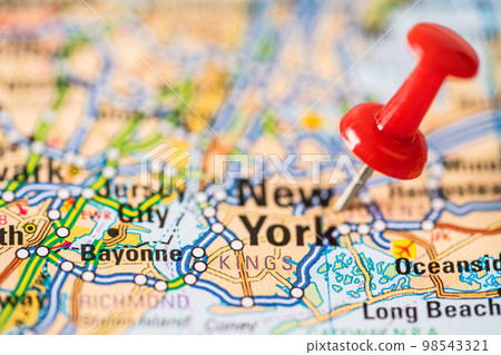 Bangkok, Thailand, June 1, 2022 New York, road map with green pushpin, city in the United States of America USA. Bangkok, Thailand, June 1, 2022 New York, road map with green pushpin, city in the United States of America USA. 98543321