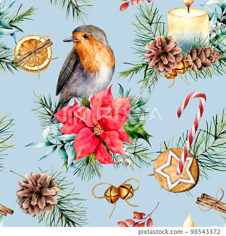 Watercolor Christmas pattern with robin and holiday symbols. Hand painted bird, bells, poinsettia, candy cane, candle, pine branch isolated on blue background. Winter illustration for design, fabric Watercolor Christmas pattern with robin and holiday symbols. Hand painted bird, bells, poinsettia, candy cane, candle, pine branch isolated on blue background. Winter illustration for design, fabric 98543372