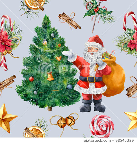Watercolor pattern with Christmas tree and Santa. Hand painted holly, mistletoe, poinsettia, bells, star, cinnamon stick, candy cane isolated on blue background. Holiday illustration for design 98543389