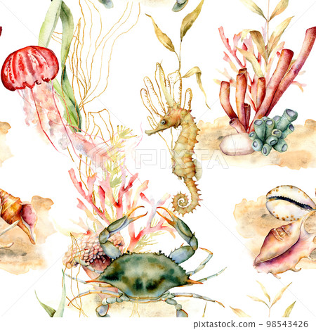 Watercolor seamless pattern with coral plants, animals. Hand painted crab, jellyfish, seahorse and shell illustration isolated on white background. Nautical illustration for design, print, background. 98543426