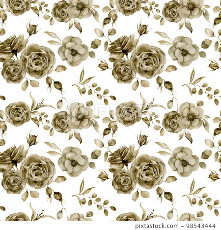 Watercolor monochrome anemone, rose and tulip big seamless pattern. Hand painted sepia flowers and berries with eucalyptus leaves and branch isolated on white background for design, print or fabric. Watercolor monochrome anemone, rose and tulip big seamless pattern. Hand painted sepia flowers and berries with eucalyptus leaves and branch isolated on white background for design, print or fabric. 98543444
