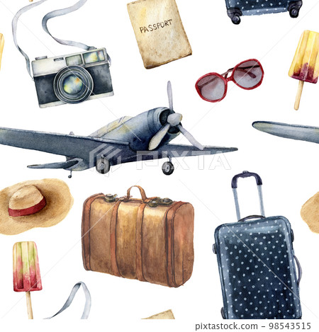 Watercolor travel seamless pattern with leather bag. Hand painted tourist objects: plane, polka dot baggage, camera and sunglasses isolated on white background. For design, print or background. Watercolor travel seamless pattern with leather bag. Hand painted tourist objects: plane, polka dot baggage, camera and sunglasses isolated on white background. For design, print or background. 98543515