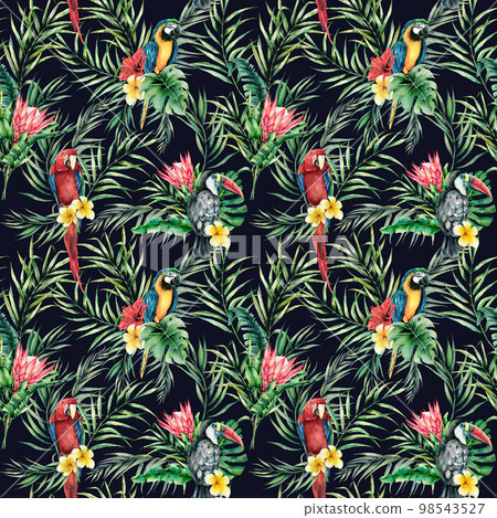Watercolor toucan and parrot seamless pattern. Hand painted illustration with bird, protea and palm leaves isolated on black background. Wildlife illustration for design, print, fabric, background. Watercolor toucan and parrot seamless pattern. Hand painted illustration with bird, protea and palm leaves isolated on black background. Wildlife illustration for design, print, fabric, background. 98543527