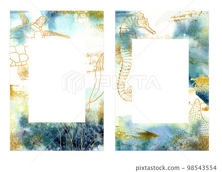 Watercolor blue card with golden underwater animals. Hand painted line art seahorse, turtle, starfish and laminaria branch with leaves. Marine illustration for design, print, fabric or background. 98543554