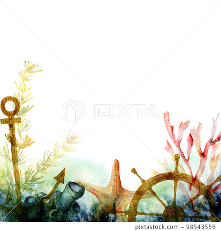 Watercolor underwater card with starfish and laminaria. Hand painted sea print template with coral branch, gold anchor isolated on white background. Nautical illustration for design, print, background 98543556