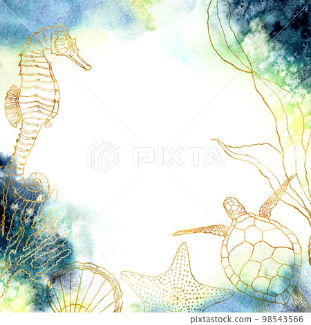 Watercolor underwater card with golden animals. Hand painted composition with seahorse, turtle and shells isolated on white background. Line art illustration for design, fabric prints or background. 98543566