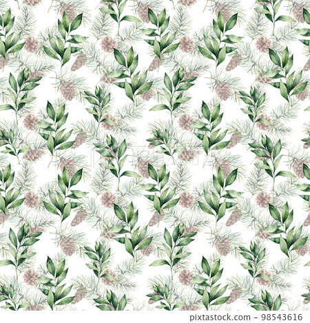 Watercolor Christmas seamless pattern with fir and eucalyptus branches. Hand painted fir cones and eucalyptus leaves isolated on white background. Winter illustration for design, print or background. 98543616