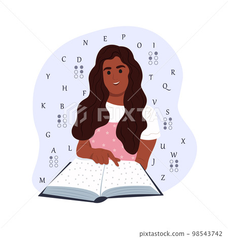World Braille Day. Black smiling blind African American woman reading something in braille. World Braille Day. Vector flat illustration 98543742