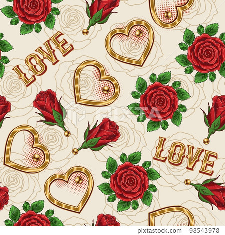 Valentines day seamless background with golden hearts, rose flowers, outline roses, text, halftone shapes. Vector love pattern for wedding, engagement event, Valentines Day, gift decoration. Valentines day seamless background with golden hearts, rose flowers, outline roses, text, halftone shapes. Vector love pattern for wedding, engagement event, Valentines Day, gift decoration. 98543978