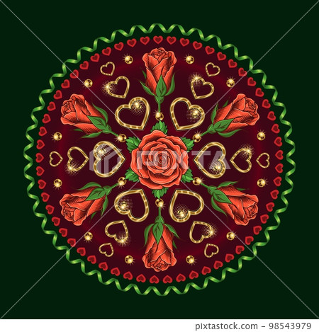 Round pattern with heart, roses, beads, spiral ribbon, streamer, halftone shapes Vector ornament for wedding, engagement event, Valentines Day, gift decoration, prints, clothing, plate, surface design 98543979