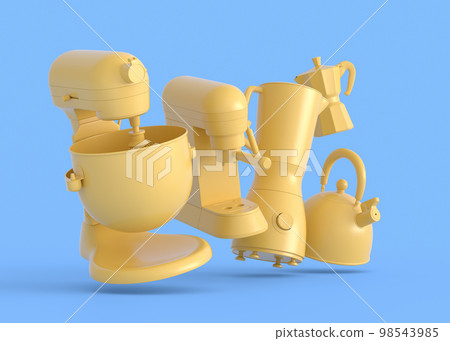 Electric kitchen appliances and utensils for making breakfast on monochrome 98543985