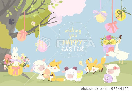 Cute Cartoon Animals celebrating Easter in Spring Forest Cute Cartoon Animals celebrating Easter in Spring Forest 98544153