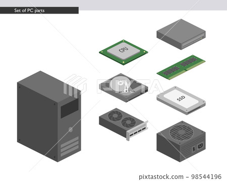 Set of flat illustrations of PC internal parts Set of flat illustrations of PC internal parts 98544196
