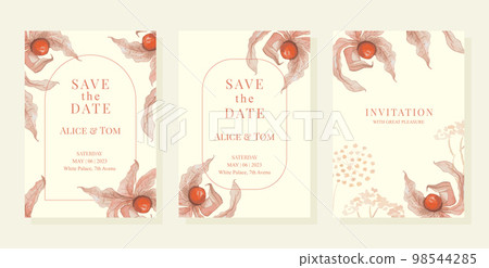 Luxury wedding invitation card background with watercolor physalis and leaves. Abstract art background vector design for wedding and vip cover template. Luxury wedding invitation card background with watercolor physalis and leaves. Abstract art background vector design for wedding and vip cover template. 98544285