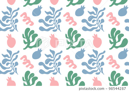 Hand drawn minimal abstract organic shapes pattern matisse style. Pink, blue and green color. 98544287