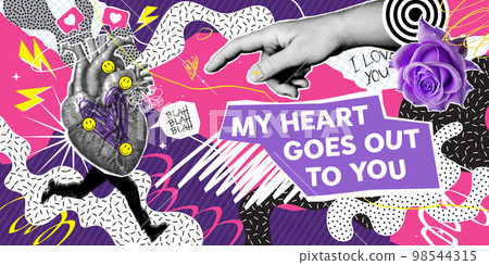 Halftone collage in contemporary punk grunge style. Modern vector poster with dotted elements - hand and heart, brush strokes. Concept of relationship, love, romance, valentine day. Halftone collage in contemporary punk grunge style. Modern vector poster with dotted elements - hand and heart, brush strokes. Concept of relationship, love, romance, valentine day. 98544315