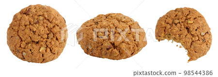 oatmeal cookies with flax, pumpkin and sunflower seeds isolated on white background with full depth of field oatmeal cookies with flax, pumpkin and sunflower seeds isolated on white background with full depth of field 98544386