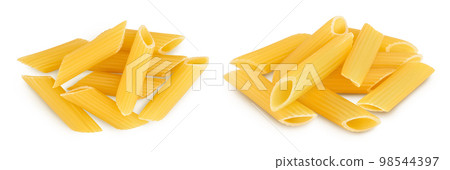 Raw italian penne rigate pasta isolated on white background with full depth of field. Top view. Flat lay Raw italian penne rigate pasta isolated on white background with full depth of field. Top view. Flat lay 98544397