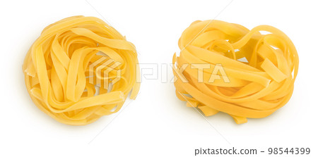 Raw tagliatelle pasta isolated on white background with full depth of field. Top view. Flat lay 98544399