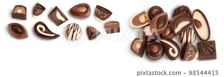 Chocolate candy isolated on white background with full depth of field. Top view. Flat lay. Set or collection 98544415