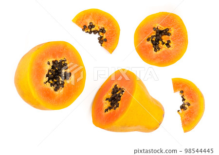 half of ripe papaya isolated on a white background. Top view. Flat lay half of ripe papaya isolated on a white background. Top view. Flat lay 98544445