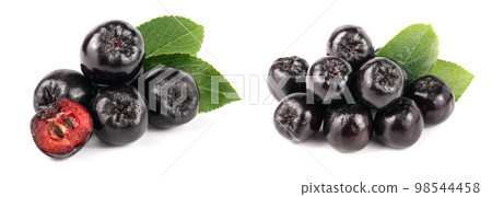 Chokeberry with leaf isolated on white background. Black aronia berries Chokeberry with leaf isolated on white background. Black aronia berries 98544458