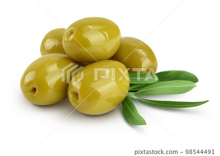 Green olives with leaves isolated on a white background with full depth of field. Green olives with leaves isolated on a white background with full depth of field. 98544491