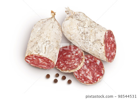 Cured salami sausage isolated on white background. Italian cuisine with full depth of field. Top view. Flat lay 98544531