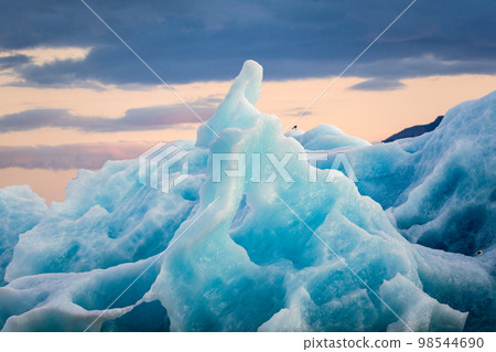 Flock of bird perched on blue iceberg floating on glacial lagoon in the evening at Jokulsarlon Flock of bird perched on blue iceberg floating on glacial lagoon in the evening at Jokulsarlon 98544690