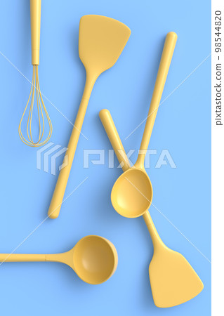 Wooden kitchen utensils, tools and equipment on monochrome background. 98544820