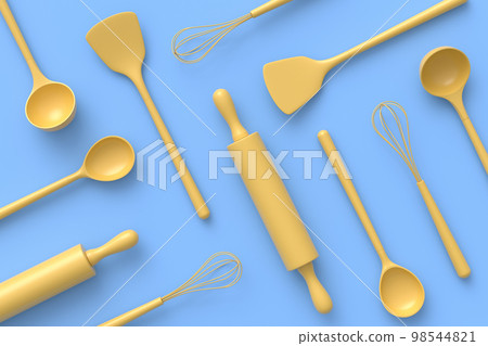 Wooden kitchen utensils, tools and equipment on monochrome background. 98544821