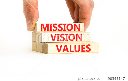 Mission vision values symbol. Concept words Mission Vision Values on wooden blocks on a beautiful white table white background. Businessman hand. Business mission vision values concept. Copy space. Mission vision values symbol. Concept words Mission Vision Values on wooden blocks on a beautiful white table white background. Businessman hand. Business mission vision values concept. Copy space. 98545147
