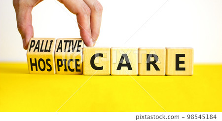 Palliative or hospice care symbol. Concept word Palliative care Hospice care on wooden cubes. Doctor hand. Beautiful yellow table white background. Medical palliative hospice care concept. Copy space. Palliative or hospice care symbol. Concept word Palliative care Hospice care on wooden cubes. Doctor hand. Beautiful yellow table white background. Medical palliative hospice care concept. Copy space. 98545184