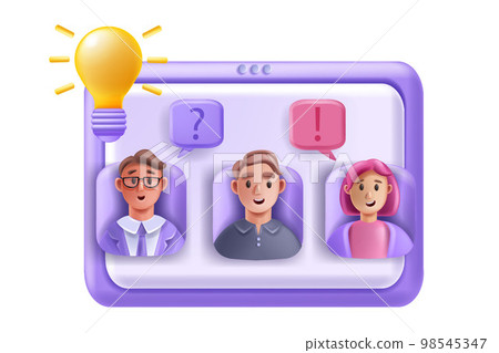 3D virtual meeting, vector interview conference, online video class concept, people avatar, screen. 3D virtual meeting, vector interview conference, online video class concept, people avatar, screen. 98545347