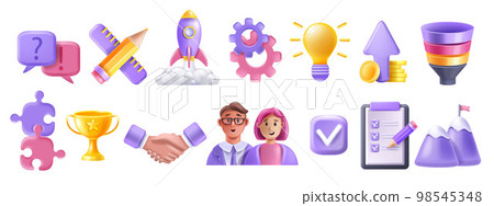3D teamwork partner icon set, vector puzzle, person avatar, handshake, partnership project funnel. 3D teamwork partner icon set, vector puzzle, person avatar, handshake, partnership project funnel. 98545348