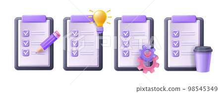 3D checklist clipboard vector icon set, online digital checkbox form clipart, exam paper document. 3D checklist clipboard vector icon set, online digital checkbox form clipart, exam paper document. 98545349
