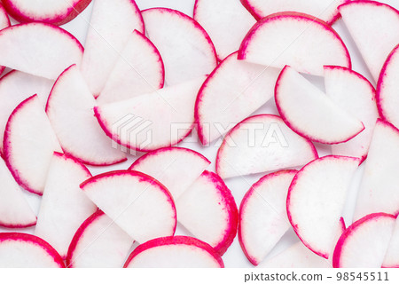 vegetables roots of radish sliced into half rings vegetables roots of radish sliced into half rings 98545511